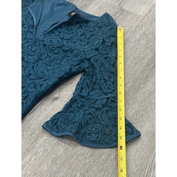 Adrianna Papell Sheath Dress Teal Blue Lace 3/4 Bell Sleeve Wedding Size 4 - Picture 9 of 10